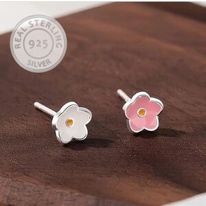 2/$30 Genuine 925 Sterling Silver Tiny Flower Stud Earrings Pink & White